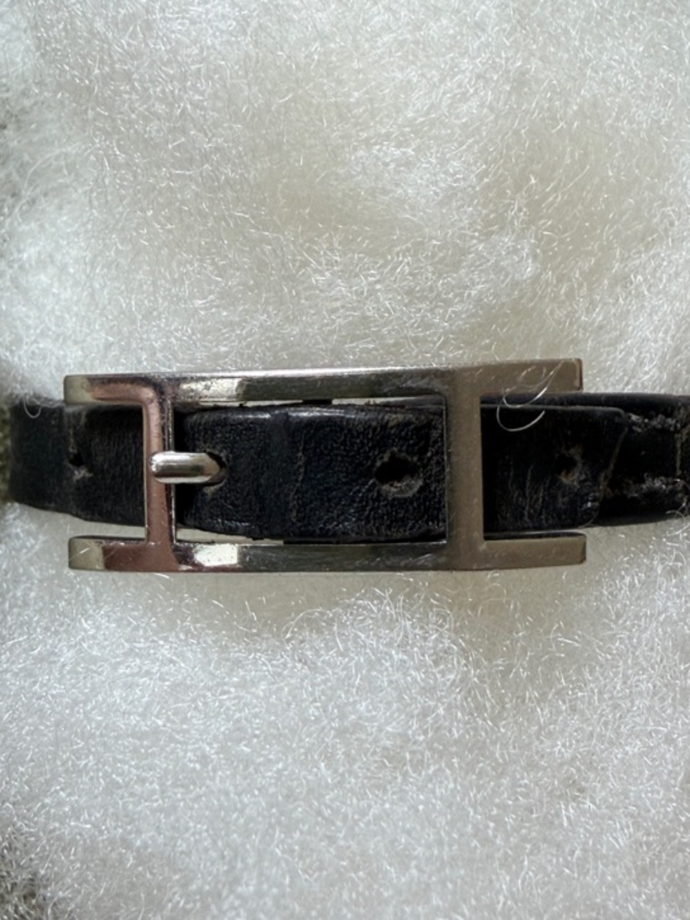 Hermes Black Leather H-Buckle Bracelet with Silver Hardware